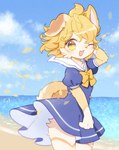 alternative_fashion anthro beach biped blue_clothing blue_dress blush clothing dress female j-fashion kemono lolita_(fashion) one_eye_closed open_mouth sailor_lolita sand seaside sky smile solo water wink yellow_eyes kuo0 canid mammal