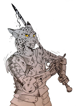 5_fingers armor blood blood_on_armor blood_on_face blood_on_weapon blood_splatter bodily_fluids breastplate clenched_teeth couter dipstick_ears dripping ear_markings exhausted facial_scar fingers holding_melee_weapon holding_object holding_sword holding_weapon looking_aside looking_at_viewer male melee_weapon motion_lines multicolored_ears nosebleed notched_ear plate_mail scar shaking simple_background solo spaulder standing sword teeth vambrace weapon white_background wounded yellow_eyes 0laffson enorach_(0laffson) cheetah felid feline mammal 2015 half-length_portrait portrait traditional_media_(artwork)