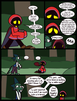 anthro barefoot black_body blue_clothing blue_hood blue_topwear blue_vest bottomwear brown_clothing brown_footwear brown_shoes cape clothed clothing compass cute_fangs dialogue duo ellipsis fangs feet footwear green_body green_hair green_scales hair hand_on_head looking_away male motion_lines mouthless no_pupils open_clothing open_topwear open_vest pants pupils purple_bottomwear purple_clothing purple_eyes purple_pants purple_pupils red_cape red_clothing red_hood red_robe robe scales shirt shoes surprised teeth text topwear vest white_clothing white_shirt white_topwear yelling yellow_eyes ultilix european_mythology mythology emerald_(ultilix) leo_the_magician dragon humanoid mythological_creature mythological_scalie scalie shadow_creature western_dragon 2025 comic english_text hi_res