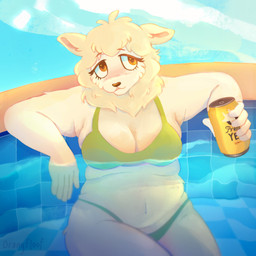 alcohol anthro beer belly beverage beverage_can big_breasts bikini_thong blush breasts clothing female fupa fur solo swimming_pool swimwear thick_thighs white_body white_fur orangfloof beastars sebun_(beastars) bovid caprine mammal sheep 1:1 hi_res