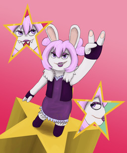 3_fingers anthro bangs boots closed_smile clothed clothing confident confident_female dress eyelashes female female_anthro fingerless_gloves fingers flat_chested footwear fur_trim_(clothing) fur_trim_boots fur_trim_dress fur_trim_vest furrowed_brow gesture gloves gradient_background hair hand_gesture hand_pawpads handwear high-angle_view lidded_eyes light lips lipstick logo long_ears looking_at_viewer makeup medium_hair mouth_closed no_eyebrows noseless open_clothing open_topwear open_vest pawpads pigtails pink_background purple_boots purple_clothing purple_dress purple_eyelids purple_eyes purple_footwear purple_gloves purple_hair purple_handwear purple_lipstick purple_topwear purple_vest red_tongue sharp_teeth shoes side_view simple_background smile smiling_at_viewer solo standing tan_inner_ear tan_lips tan_pawpads teeth thick_bottom_lip tongue tongue_out toothy_grin topwear v_sign vest skywater raving_rabbids rayman_(series) ubisoft fan_character verbeena lagomorph mammal rabbid 2026 5:6 absurd_res adobe_photoshop_(artwork) artist_logo colored digital_drawing_(artwork) digital_media_(artwork) english_description hi_res lighting multiple_images shaded