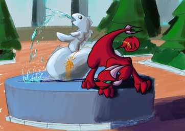 anus bodily_fluids city claws eyelashes female female_peeing feral fountain genital_fluids genitals horn park peeing plant public_urination smile smirk solo_focus splash splashing_water tail tree urine urine_stream vulva watersports truewerte_(artist) mythology dragon mythological_creature mythological_scalie scalie hi_res
