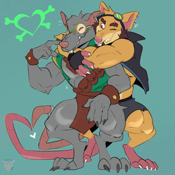 anthro armpit_hair bandage bandaged_tail beard biceps blue_background blush body_hair bottomwear brown_hair buckteeth claws clothed clothing crooked_teeth duo ear_piercing eyebrow_scar eyebrows eyes_closed eyewear facial_hair facial_piercing facial_scar feet fingerless_gloves fur gloves goggles grey_body grey_fur hair hairy handwear happy heart_symbol heart_tail hug hugging_another hugging_from_behind jacket loincloth love male male/male muscular muscular_anthro muscular_male nose_piercing notched_ear one_eye_closed open_clothing open_jacket open_topwear piercing pink_eyes rat_tail red_eyes scar sharp_teeth shorts simple_background sleeveless_clothing smile tail tail_wraps tan_body tan_fur teeth toes topwear wraps wristband yellow_body yellow_fur rattykai league_of_legends riot_games tencent alan_nezumi twitch_(lol) mammal murid murine rat rodent 1:1 2026 hi_res