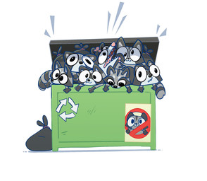 anthro bag dumpster fur grey_body grey_fur group no_sign recycling_symbol screaming simple_background symbol trash_bag happyraccoons american_opossum mammal marsupial procyonid raccoon 2023 digital_media_(artwork) hi_res