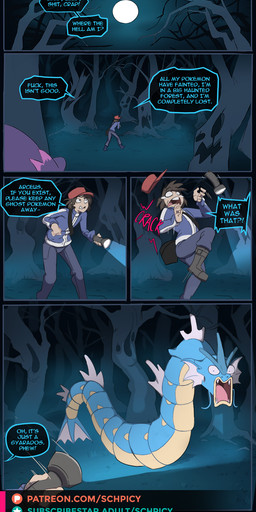 creepy_face dialogue duo flashlight forest full_moon light male moon moonlight night onomatopoeia plant scared sound_effects speech_bubble text tree schpicy nintendo pokemon calem_(pokemon) generation_4_pokemon ghost human humanoid mammal mismagius pokemon_(species) spirit comic english_text hi_res url