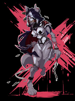 4_fingers 4_toes anthro biped blood bodily_fluids bone breasts cape chain chain_leash clipped_ear clothing crotch_tuft dagger drooling exposed_bone fangs_bared feet female female_anthro fingers flowing_cape fur gore grey_body grey_fur hair holding_dagger holding_melee_weapon holding_object holding_weapon hood leash looking_at_viewer medium_breasts melee_weapon muzzle_(object) muzzled one_eye_obstructed parasite pasties pose red_eyes saliva shoulder_grab skeleton snout solo straps_across_chest toes tuft weapon white_hair wound_on_arm wound_on_leg wound_on_thigh wounded fuli_jeffery canid canine canis gastropod mammal mollusk slug undead wolf 2022 absurd_res colored detailed digital_drawing_(artwork) digital_media_(artwork) full-length_portrait hi_res portrait shaded