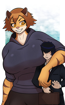 anthro anthro_focus arm_around_neck arm_around_partner big_breasts black_clothing black_hair black_hoodie black_shirt black_topwear border breasts brown_body brown_eyes brown_fur brown_hair clothing duo eyelashes female female_anthro female_focus female_on_human fur grin hair hoodie huge_breasts human_on_anthro interspecies larger_anthro larger_female looking_at_another male male_human male_on_anthro pink_nose shirt short_hair size_difference smaller_human smaller_male smile topwear white_border bishop_(artist) felid human mammal pantherine tiger 5:8 absurd_res hi_res