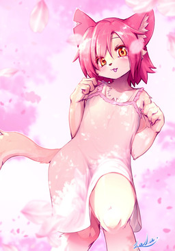 anthro blep blush cherry_blossom clothing crossdressing_male dress femboy flower fur hair kemono looking_at_viewer male male_anthro notched_ear pink_hair plant prunus_(flower) solo tail tongue tongue_out urekemo canid canine canis domestic_dog mammal 2026 absurd_res digital_media_(artwork) hi_res portrait three-quarter_portrait