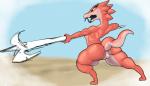 anthro anus female genitals melee_weapon nude polearm pussy red_body red_skin short_stack solo spear tongue tongue_out weapon onelovelydovely ever_oasis nintendo drauk scalie