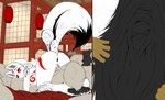 2023 amaterasu_(okami) anthro anus black_pussy breasts canid canine canis capcom clover_studio digital_media_(artwork) duo eyebrows eyelashes female flat_colors fur fur_markings genitals hi_res larger_female mammal markings micro notbad621 nude okami_(capcom) pawpads pussy size_difference size_play smaller_anthro smile white_body white_fur wolf
