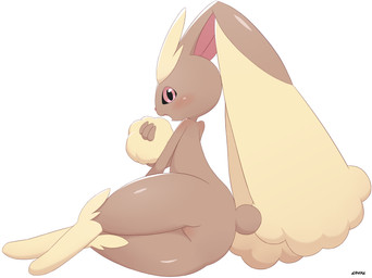ambiguous_gender anthro blush brown_body brown_fur butt fur glistening glistening_body looking_at_viewer looking_back presenting presenting_hindquarters solo loval nintendo pokemon generation_4_pokemon lopunny pokemon_(species) absurd_res hi_res