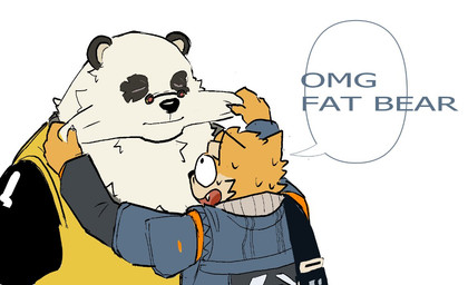 anthro black_body black_fur bodily_fluids clothing duo eyes_closed eyewear fur glasses jacket male orange_body orange_fur overweight overweight_male pulling_cheek simple_background speech_bubble sweat text topwear white_background white_body white_fur malliseeed mihoyo zenless_zone_zero pan_yinhu bear canid canine canis domestic_dog mammal thiren 2025 english_text