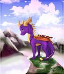 cloud detailed_background feral horn looking_at_viewer male membrane_(anatomy) membranous_wings mountain outside purple_body purple_eyes purple_skin scales sky smile solo tail wings yellow_body yellow_scales fossilexmachina activision european_mythology mythology spyro_the_dragon spyro dragon mythological_creature mythological_scalie scalie western_dragon 2014