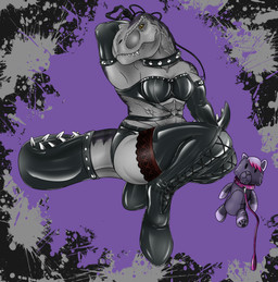 abs anthro armwear big_butt boots breasts butt claws clothed clothing collar dominatrix female footwear grey_body grey_scales high_heeled_boots high_heels latex latex_clothing legwear muscular muscular_female overbite plushie scales scar shoes simple_background smile smiling_at_viewer solo spikes stockings tail teeth thick_thighs thigh_boots thigh_highs toe_claws toy whip lovemummification jim_marten rachel_varex dinosaur prehistoric_species reptile saurischian scalie theropod tyrannosaurid tyrannosauroid tyrannosaurus tyrannosaurus_rex absurd_res hi_res