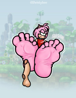 5_toes anthro crossed_legs disembodied_penis feet female foot_fetish foot_focus foot_on_penis foot_play genitals humanoid_feet penis pink_body plantigrade sound_effects toes shrinkybee sega sonic_the_hedgehog_(series) amy_rose eulipotyphlan hedgehog mammal