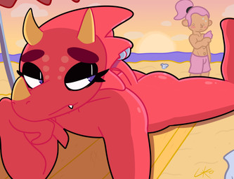 4_fingers anthro bare_shoulders barefoot beach beach_towel bedroom_eyes big_butt blue_eyes butt claws clothing duo eyebrows fangs feet finger_claws fingers flashing horn human_on_anthro interspecies male male/male narrowed_eyes nude piercing red_body scales seductive sky smile smirk solo spread_legs spreading swimming_trunks swimwear teeth thick_eyebrows towel lilith-ko animal_crossing nintendo flick_(animal_crossing) chameleon human lizard mammal reptile scalie absurd_res hi_res