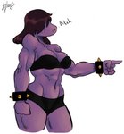 anthro bra breasts clothing female gesture hand_gesture insult muscular muscular_anthro muscular_female non-mammal_breasts pointing solo sports_bra sports_panties underwear wristband panthera_cantus deltarune undertale_(series) susie_(deltarune) lizard reptile scalie hi_res