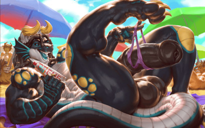 abs animal_genitalia animal_penis anthro balls beach big_balls big_penis clothing detailed_background equine_genitalia equine_penis genitals ineffective_clothing male male_anthro muscular muscular_male penis presenting presenting_penis seductive solo evenesko.d.fox loonyellie mythology kane_(metgross) dragon mythological_creature mythological_scalie scalie animated