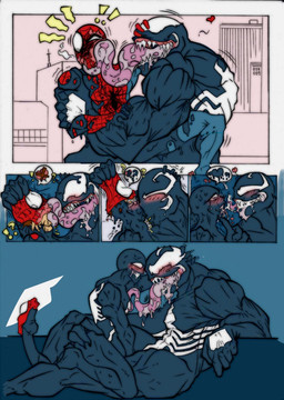 bodily_fluids clothing corruption costume duo exclamation_point extreme_french_kiss french_kissing heart_symbol kissing male mind_control not_furry nude question_mark saliva speech_bubble tongue tongue_out transformation transformation_through_kiss denverend hiona~ marvel spider-man_(series) spider-man_(character) venom_(marvel) goo_creature human humanoid mammal symbiote 2017 comic digital_drawing_(artwork) digital_media_(artwork) hi_res