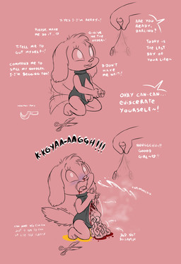 anthro biped blood blood_from_mouth blood_in_mouth bodily_fluids child_murder clothed clothing cum cumshot cyanosis death dialogue disembodied_hand disembowelment drooling duo ejaculation female floppy_ears genital_fluids gore guts holding_knife holding_object hypnosis kneeling knife lop_ears male mind_control mostly_offscreen_character open_mouth organs pain pendulum saliva scissors sickle simple_background spiral spiral_eyes steam suicide tail tail_motion tailwag teeth text tongue urine urine_on_ground wetting where_is_your_god_now why young young_anthro young_female furcollector canid canine canis domestic_dog mammal 2026 absurd_res english_text hi_res multiple_scenes