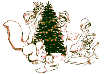 anthro christmas_clothing christmas_headwear christmas_tree clothing eyewear female glasses group gynomorph hair hat headgear headwear holidays intersex male plant santa_hat tail text tree young young_anthro young_female young_male aogami christmas mammal rodent sciurid tree_squirrel absurd_res english_text hi_res monochrome trans_(lore) trans_woman_(lore)