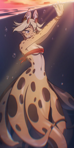 anthro blonde_hair blue_eyes breasts female hair horn sea short_hair slim solo split_form spots water yellow_body neon-chan aquatic cephalopod coleoid felid feline hybrid mammal merfolk mollusk octopodiform octopus serval absurd_res hi_res