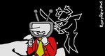 ambiguous_gender antenna_wire anthro antlers bent_legs black_background clothing duo electronics gloves handwear horn long_nose male melee_weapon necktie shadowy_figure simple_background smile snow suit sword television toony weapon roxyreviews deltarune the_cat_in_the_hat undertale_(series) roaring_knight tenna_(deltarune) ambiguous_species animate_inanimate meme