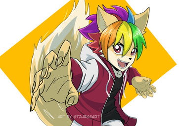 abstract_background adolescent anthro black_clothing black_nose black_shirt black_topwear blonde_hair blue_hair bottomwear claws clothing dipstick_tail eyebrows fangs fur green_hair hair hoodie magenta_eyes male markings open_mouth orange_hair pants purple_clothing purple_eyes purple_hair purple_hoodie purple_topwear red_hair shirt snout solo tail tail_markings teeth teeth_showing topwear white_bottomwear white_clothing white_hoodie white_pants white_tail_tip white_topwear yellow_body yellow_fur yellow_tail young tzurgeart felid feline mammal shaded