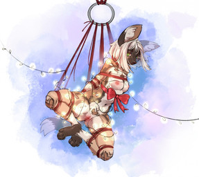 abstract_background anthro arms_tied_behind_back bdsm biped black_nose blonde_hair bondage bound breasts brown_body brown_fur christmas_decorations christmas_lights female frogtied fur fur_markings genitals green_eyes hair inner_ear_fluff legs_tied looking_at_viewer markings medium_breasts navel nipples nude plantigrade restraints ribbons rope rope_bondage solo spread_legs spreading striped_markings striped_tail stripes suspension suspension_bondage tail tail_markings tan_body tan_fur tuft vulva gimka african_wild_dog canid canine mammal 2025 digital_drawing_(artwork) digital_media_(artwork) hi_res