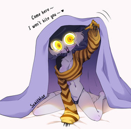 anthro bedding big_breasts blanket breasts clothing female glowing glowing_eyes lipstick looking_at_viewer makeup non-mammal_breasts sharp_teeth solo sweater teeth text thong topwear under_covers underwear yellow_eyes g-blue16 odeth_poensis avian bird owl 2025 absurd_res hi_res