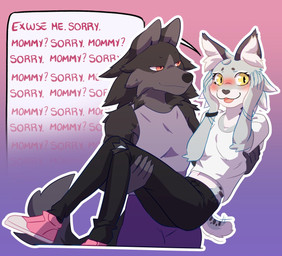 anthro black_body black_fur blush carrying_another clothing duo female fur grey_body grey_fur hair mommy_kink multicolored_body multicolored_fur red_eyes smile speech_bubble two_tone_body two_tone_fur why yellow_eyes herutastic i_think_i_like_you mythology ema_(i_think_i_like_you) jess_(i_think_i_like_you) canid canid_demon canine canis demon felid feline hellhound mammal mythological_canine mythological_creature wolf