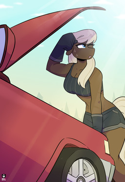 anthro anthrofied blonde_hair blue_eyes bottomwear brown_body car car_hood clothing crop_top female gloves hair handwear hotpants shirt shorts solo topwear vehicle redxbacon hasbro my_little_pony fan_character sprockette_(johnnynumber5) earth_pony equid equine horse mammal pony hi_res
