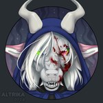 angry anthro blood blood_on_face bodily_fluids female green_eyes grey_horn hair hood horn looking_at_viewer mask pink_body pink_eyes solo wearing_mask white_hair altrika mythology eiris_(saren662) dragon mythological_creature mythological_scalie scalie 2024 hi_res portrait