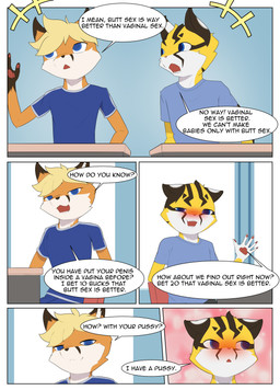 anthro blonde_hair blue_clothing blue_eyes blush classroom clothing dialogue duo fur hair male multicolored_body multicolored_fur orange_body orange_fur pawpads paws questioning school smile smirk text yellow_body yellow_fur young steel_cat steel_cat_(character) tycloud canid canine domestic_cat felid feline felis fox mammal absurd_res comic english_text hi_res