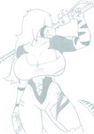 5_fingers abs alternate_costume anthro big_breasts bodysuit breasts chainsword claws cleavage clothed clothing curvy_figure female finger_claws fingers gun hair hair_over_eyes holding_gun holding_object holding_ranged_weapon holding_weapon long_hair ranged_weapon sharp_teeth skinsuit smile solo teeth thick_thighs tight_clothing torn_bodysuit voluptuous voluptuous_anthro voluptuous_female weapon wide_hipped_anthro wide_hipped_female wide_hips lazy-a-ile adult_swim cartoon_network cavemanon_studios primal_(series) snoot_game fang_(primal) dinosaur prehistoric_species reptile scalie theropod tyrannosaurid tyrannosauroid tyrannosaurus tyrannosaurus_rex 2024 blue_and_white monochrome sketch