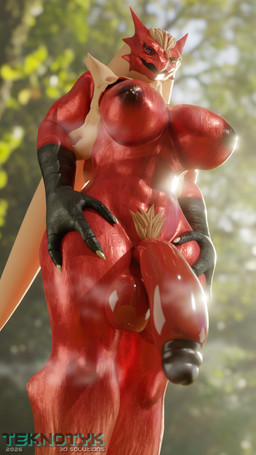 abs anthro areola balls big_breasts black_areola black_nipples blonde_hair blue_eyes bodily_fluids breasts genitals gynomorph hair hands_on_hips humanoid_genitalia humanoid_penis intersex looking_at_viewer looking_down looking_down_at_viewer low-angle_view musk nipples outside penis pubes red_body smile solo sweat teknotyk chocoscorner_(modeler) nintendo pokemon blaziken generation_3_pokemon pokemon_(species) 3d_(artwork) 4k 9:16 absurd_res blender_(artwork) digital_media_(artwork) hi_res watermark