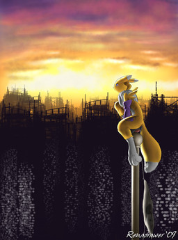 anthro city cityscape cloud detailed_background female flagstaff fur high_place outside scenic_view sky solo sunset tail white_body white_fur yellow_body yellow_fur renadrawer bandai_namco digimon canid canine digimon_(species) mammal renamon hi_res shaded