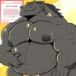 anthro bared_teeth belly belly_grab belly_squeeze biceps big_belly big_nipples clothed clothing jockstrap jockstrap_only male musclegut muscular muscular_anthro muscular_male nipples overweight overweight_anthro overweight_male scales simple_background solo spikes strawpage_request teeth topless underwear underwear_only crococola godzilla_(series) strawpage toho godzilla kaiju scalie 1:1 hi_res