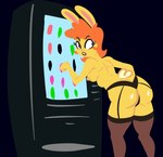 anthro black_background black_clothing black_underwear breasts clothed clothing female fur hair lingerie looking_back medium_breasts nipples orange_hair panties simple_background solo topless underwear vending_machine yellow_body yellow_fur gold-white-kott nickelodeon t.u.f.f._puppy ms._hopper lagomorph leporid mammal rabbit 2024 digital_drawing_(artwork) digital_media_(artwork) hi_res