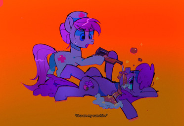bottle clothing container duo female headgear headwear nurse_clothing nurse_headwear open_mouth orange_background purple_eyes simple_background smile white_body poneko-chan friendship_is_magic hasbro my_little_pony berry_punch_(mlp) nurse_redheart_(mlp) equid equine horse mammal pony hi_res