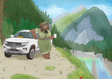 anthro binoculars car clothed clothing container cup eyewear female forest holding_container holding_cup holding_object mountain plant ranger sketchy solo sunglasses switzerland tree vehicle syscav bjorg_(syscav) bear mammal absurd_res colored hi_res