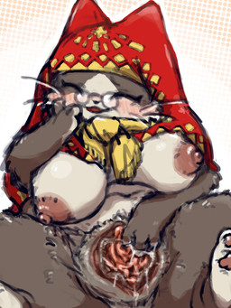 anthro areola big_breasts biped blush breasts brown_body brown_fur clitoral_hood clitoris clothing countershading curvy_figure digitigrade elderly elderly_anthro elderly_female eyes_closed eyewear feet female female_anthro front_view fur genitals glasses hand_on_cheek headgear headgear_only headwear headwear_only hindpaw inner_labia mature_female mostly_nude mostly_nude_anthro mostly_nude_female multicolored_body multicolored_fur nipples open_mouth open_smile overweight overweight_female paws pince-nez red_clothing red_headwear simple_background smile solo spread_legs spread_vulva spreading tan_body tan_countershading tan_fur tassels two_tone_body two_tone_fur urethra voluptuous voluptuous_anthro voluptuous_female vulva whiskers diru capcom monster_hunter grammeowster_chef felid felyne lynian mammal 2026 3:4 digital_drawing_(artwork) digital_media_(artwork) hi_res shaded soft_shading
