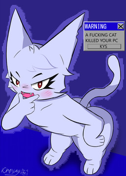 anthro blue_background butt fangs female fur paws profanity simple_background smug smug_face solo teeth text thick_thighs white_body kirathelost femtanyl token_(femtanyl) felid feline mammal absurd_res english_text hi_res