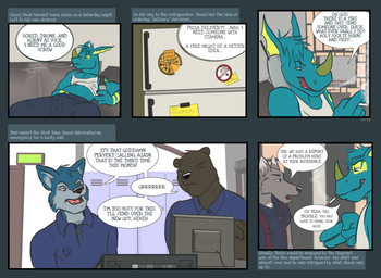 alcohol anthro appliance beverage biceps black_nose bottomwear cigarette claws clothing computer cordless_phone countershading dialogue ear_piercing electronics firefighter food fridge green_eyes group horn kitchen_appliance landline_phone locker male muscular open_mouth pants phone piercing profanity shirt smoke smoking speech_bubble tattoo teeth text tongue topwear compfive bandai_namco digimon fakemon fan_character sleezimon bear canid canine canis mammal wolf comic english_text