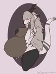 anthro antlers belly big_belly big_breasts big_butt black_nipples blush bottomwear braided_hair breasts butt clothing dark_nipples ear_tuft embarrassed female fluffy fluffy_tail fur grey_body grey_fur hair hair_over_eye hand_on_belly hand_on_face horn huge_breasts long_hair navel nipples outie_navel overweight overweight_anthro overweight_female pants pregnant pregnant_anthro pregnant_female side_boob side_view simple_background smile solo striped_body striped_fur stripes tail thick_thighs tuft white_body white_fur wide_hips yoga_pants dansharkman ashley_(vinthebat) deer hybrid mammal mountain_deer_dragon 3:4 digital_media_(artwork) half-length_portrait hi_res portrait