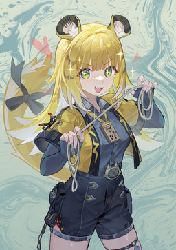 accessory animal_ears belt black_bottomwear black_clothing black_shorts blonde_hair blush bodily_fluids bottomwear clothed clothing collared_shirt cute_fangs dress_shirt fangs female fluffy_ears furgonomics green_eyes grey_dress_shirt hair heart_symbol jacket long_hair open_clothing open_jacket open_mouth open_topwear pull_string raised_tail ribbons saliva saliva_string shirt shorts solo sparkles sparkling_eyes string striped_hair tail tail_accessory tail_ribbon teeth topwear white_hair yellow_clothing yellow_jacket_(clothing) yellow_topwear xingqiba mihoyo zenless_zone_zero ju_fufu animal_humanoid felid felid_humanoid humanoid mammal mammal_humanoid pantherine pantherine_humanoid thiren tiger_humanoid