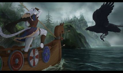 ambiguous_gender anthro arm_tattoo armor arrow_(weapon) belt black_bars braided_hair breasts cape clothing cloud day detailed_background duo feathered_wings feathers female feral figurehead flying forest fur futhark grey_body grey_fur hair leather leather_armor on_ship outside plant ranged_weapon rear_view runes seaside shield ship tail tattoo tree vehicle viking water watercraft weapon wings wargtress valheim avian bird felid mammal pantherine snow_leopard 2025 5:3 absurd_res digital_media_(artwork) hi_res letterbox