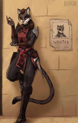 amber_eyes anthro armor claws clothed clothing dagger ear_piercing ear_ring female fur fur_markings hair leaning leaning_on_wall long_hair looking_at_viewer markings melee_weapon piercing ring_piercing simple_background solo tail wanted_poster weapon darokho microsoft the_elder_scrolls the_elder_scrolls_online felina'ma felid feline khajiit mammal absurd_res hi_res
