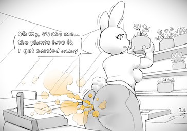 accident anthro big_butt bottomwear box breasts butt clothing container dialogue ellipsis excusing fart fart_cloud fart_fetish female florist flower flower_shop grass holding_object lifting_object midriff open_mouth orange_fart_cloud pants plant plant_pot rabbit_ears scut_tail shirt short_sleeved_shirt short_sleeves short_tail solo speech_bubble t-shirt tail talking_to_viewer text topwear window yoga_pants jubb lagomorph leporid mammal rabbit 2024 artist_name english_text