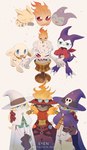 blonde_hair candle claws clothing fire group hair hat headgear headwear male purple_body robe sewn_mouth sleeping trio wizard_hat syozikin_5en bandai_namco digimon candlemon demon digimon_(species) flamewizardmon humanoid impmon salamon sorcermon wizardmon hi_res